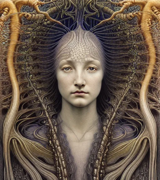 Image similar to detailed realistic beautiful thunder goddess face portrait by jean delville, gustave dore, iris van herpen and marco mazzoni, art forms of nature by ernst haeckel, art nouveau, symbolist, visionary, gothic, neo - gothic, pre - raphaelite, fractal lace, intricate alien botanicals, ai biodiversity, surreality, hyperdetailed ultrasharp octane render