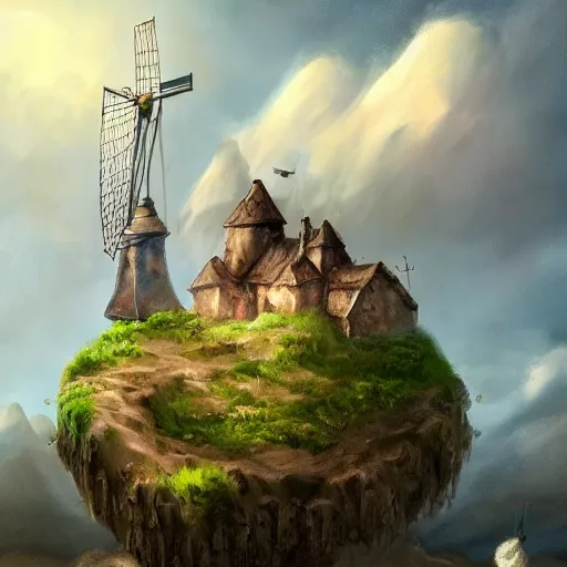 Image similar to A floating island in the clouds with a small medieval village and a windmill on top of it, D&D, magical, highly detailed, digital painting, trending on artstation, 8k