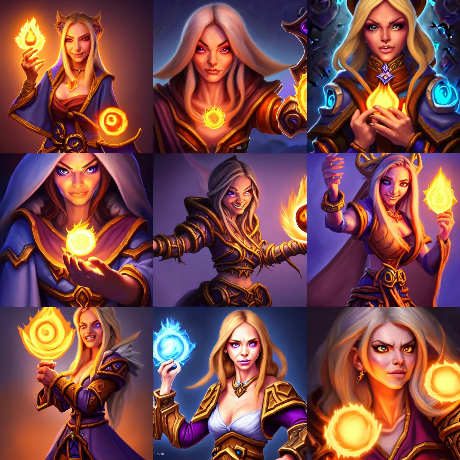 Prompt: Hearthstone official professional art, with realistic beautiful face & eyes. A sorceress, wearing a robe casting a fire ball. Insanely coherent and well drawned physical body parts (face, arms, legs, hair, eyes). Full body, sharp focus, 8k high definition, insanely detailed, intricate, elegant, smooth, sharp focus, illustration, ArtStation