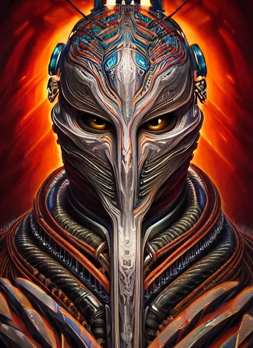 Prompt: hyper detailed ultra sharp tribal biomechanical warrior trance man portrait, trending on artstation, warpaint tattoo aesthetic, earthwave, colorful, psychedelic, ornate, intricate, digital painting, concept art, smooth, sharp focus, illustration, art by artgerm, edmund leighton, greg rutkowski, h. r. giger, 8 k