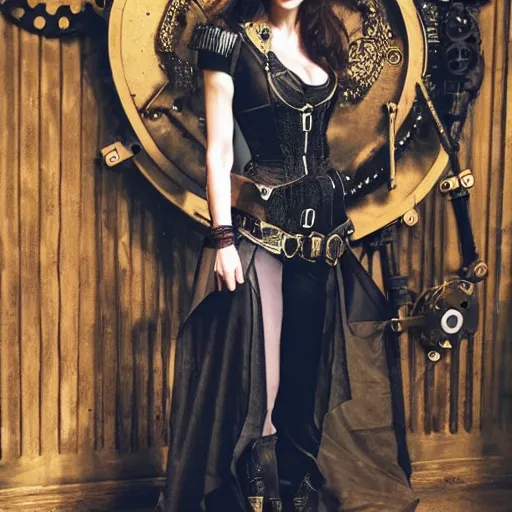 Image similar to full body photo of alexandra daddario as a steampunk vampire warrior