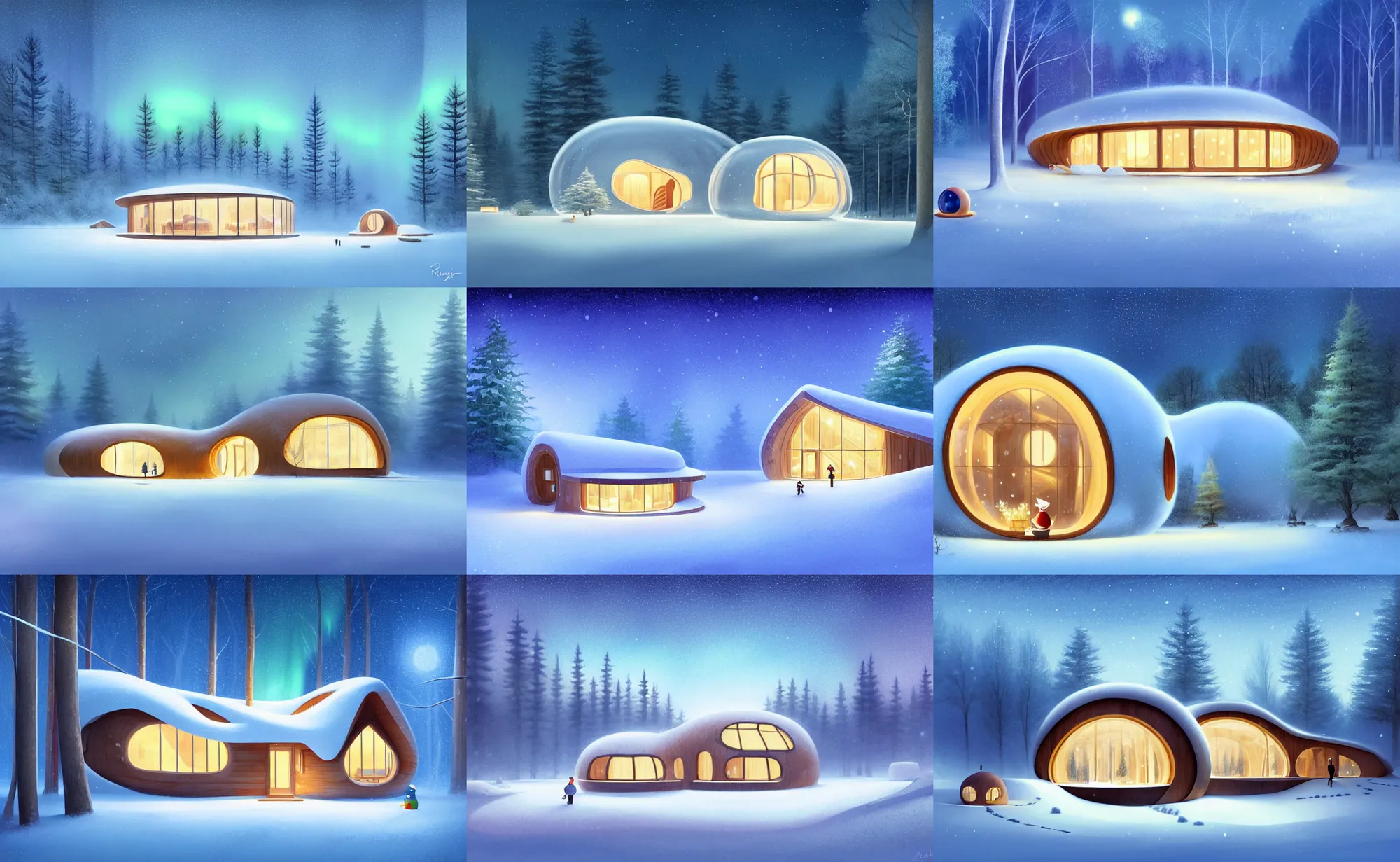 Prompt: a cosy wooden modern eco house shaped like a bubble with large windows in a snowy fir forest near a frozen pond in winter at night, peaceful and quiet, cozy, aurora borealis, detailed digital painting by goro fujita, by ghibli, by rhads, by raphael lacoste