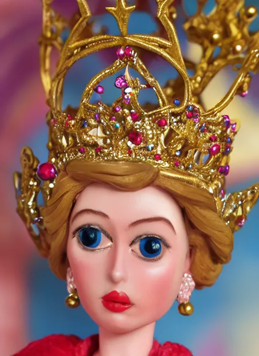 Image similar to closeup face profile portrait of tin toy princess diana as a fairytale princess wearing a crown eating cakes, bikini, depth of field, zeiss lens, detailed, symmetrical, centered, fashion photoshoot, by nicoletta ceccoli, mark ryden, lostfish, breathtaking, 8 k resolution, extremely detailed, beautiful, establishing shot, artistic, hyperrealistic, octane render