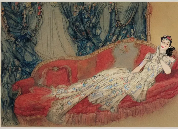 Image similar to Louis Icart, an old elaborate colored drawing of a woman laying eloquently on a sofa, wearing flowing dress with floral motifs, by Louis Icart, highly detailed, masterpiece