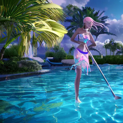 Image similar to pool party seraphine (League of Legends) starting into the caribbean horizon. hyperreal 3d octane render 8k