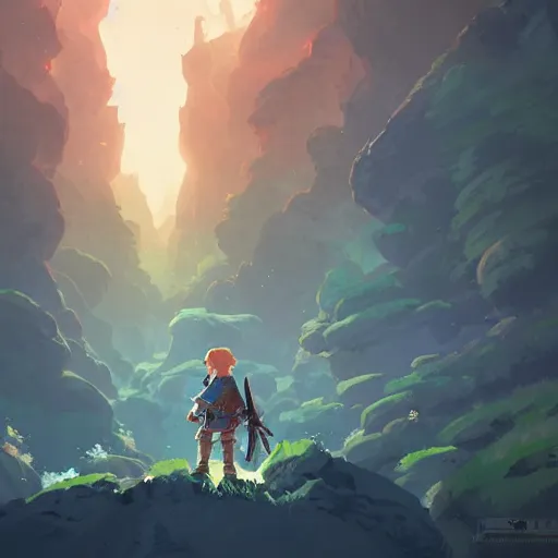 Prompt: link on his most dangerous adventure yet. clean sharp digital art, environment concept art, by rossdraws, ghibli, breath of the wild, greg rutkowski