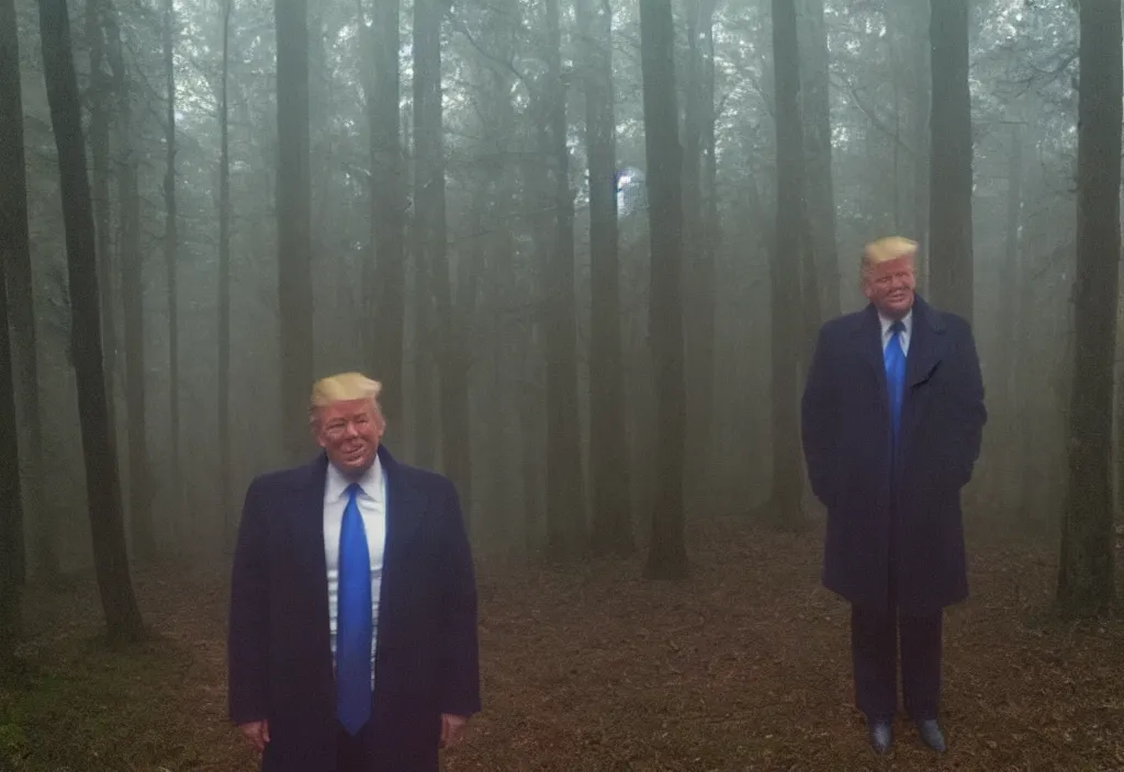 Image similar to low quality iphone photo of donald trump standing ominously deep in the foggy woods with a demonic smile in his face, low visibility creepy