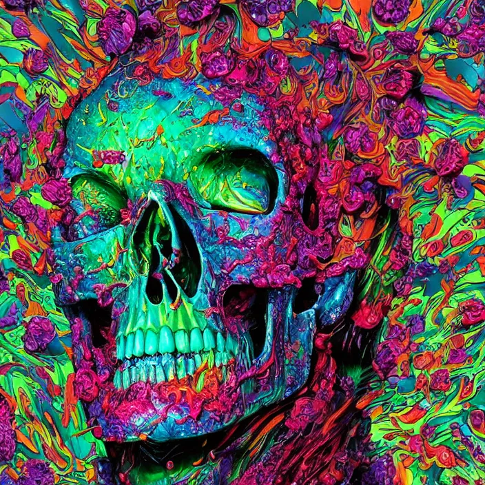 Image similar to illustration of a colorfull melting human skull. flowers and blossoms, ferrofluids, burning water distortions. intricate abstract. intricate artwork. by Tooth Wu, wlop, beeple, dan mumford. octane render, trending on artstation, greg rutkowski very coherent symmetrical artwork. cinematic, hyper realism, high detail, octane render, 8k, depth of field, bokeh. iridescent accents