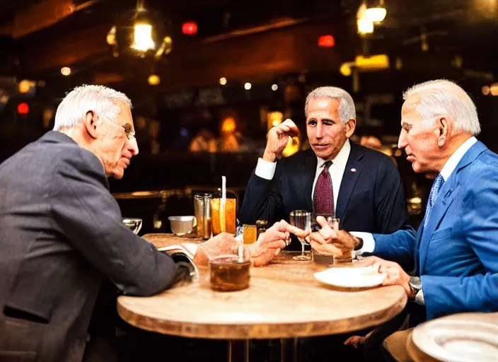 Prompt: Anthony Fauci, Joe Biden, Jeffrey Epstein, Bull gates, having dinner at a Dive bar restaurant, award winning cinematic photography, 50 mm, blurred background, trending on twitter