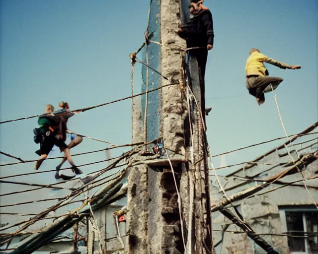 Image similar to lomo photo of roofjumpers climbing on roof of soviet hrushevka, small town, cinestill, bokeh, out of focus