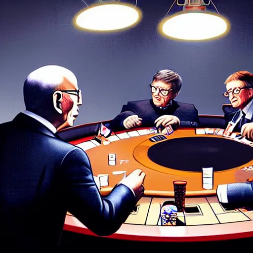 Image similar to UHD photorealistic Elon Musk playing poker with Satoshi Nakamoto, Klaus Schwab, and Bill Gates, hyperrealistic, correct details, studio lighting, symmetrical faces, accurate faces, by Greg Rutkowski