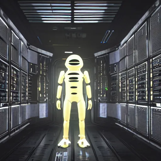 Image similar to symmetrical anthropomorphic android working in sci - fi server room. cinematic shot from alien isolation