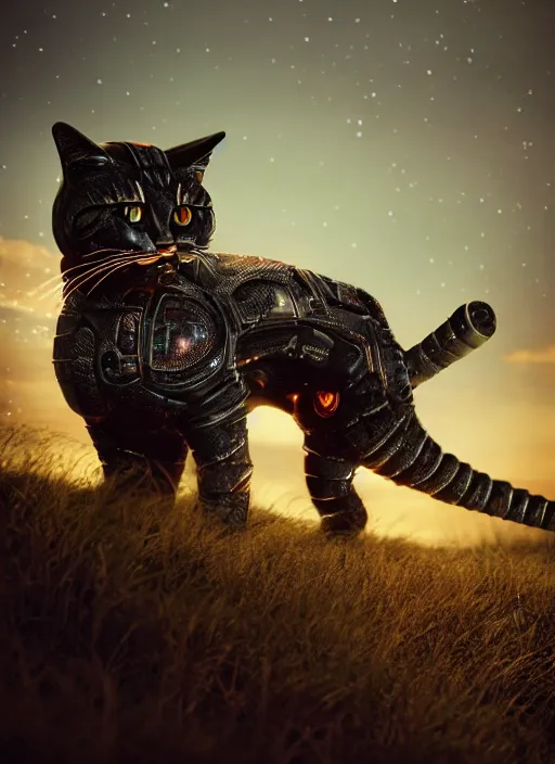 Prompt: giant cyborg cat on a dusky land, cinematic shot, intricate, ornate, photorealistic, ultra detailed, trending artstaition, realistic, 1 0 0 mm, photography, octane, high definition, depth of field, bokeh, 8 k