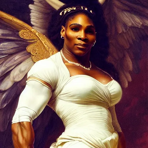 Image similar to Portrait of Serena Williams as Nike Goddess, large wings, luxuriant, dreamy, eternity, romantic, strong pose, highly detailed, in the style of Franz Xaver Winterhalter, highly detailed, in the style of Aetherpunk