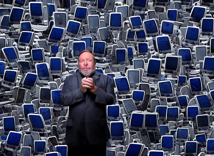 Image similar to dslr photo still of infowars host alex jones in a blue suit fat grey beard and mustache!!! sitting depressed!!! in a room filled to the ceiling with cell phones stacks of cell phones cell phones stacks cell phones filling the entire room, 5 2 mm f 5. 6