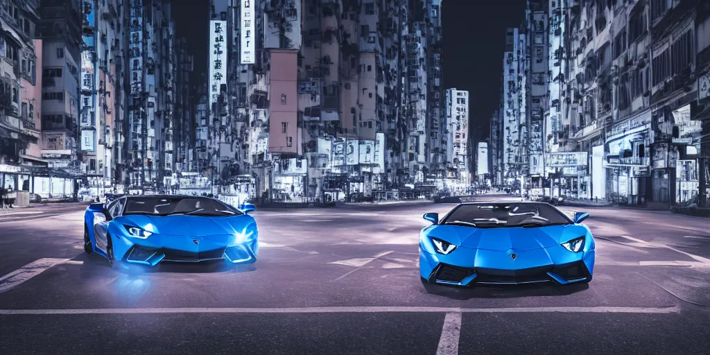 Image similar to lamborghini aventador with a light reflection in the middle of a road on the night Hong Kong china town, blue color grading, cinematic color grading , unreal 5, hyperrealistic, realistic, photorealistic, dynamic lighting, highly detailed, cinematic landscape, studio landscape, studio lighting