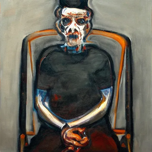 Image similar to a painting of a man sitting in a chair, a fine art painting by francis bacon, trending on artstation, shock art, oil on canvas, macabre, apocalypse art