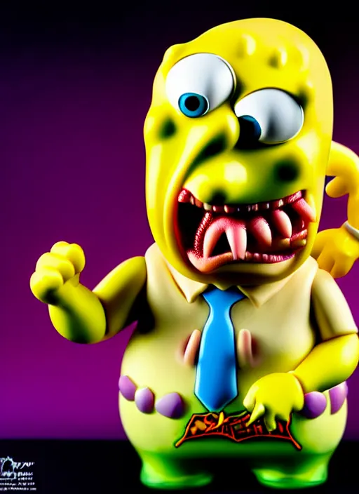 Image similar to hyperrealistic rendering, fat smooth john carpenter flesh monster spongebob by art of skinner and richard corben and jeff easley, product photography, action figure, sofubi, studio lighting, colored gels, colored background