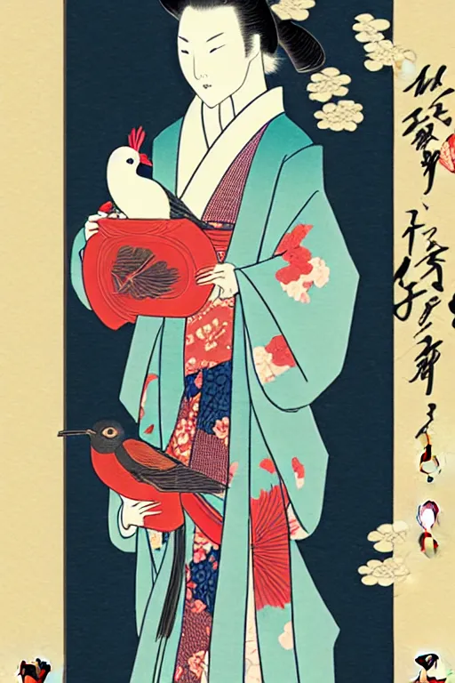 Image similar to a woman in a kimono is holding a bird, a storybook illustration by Yuumei, tumblr contest winner, ukiyo-e, tarot card, storybook illustration, digital illustration