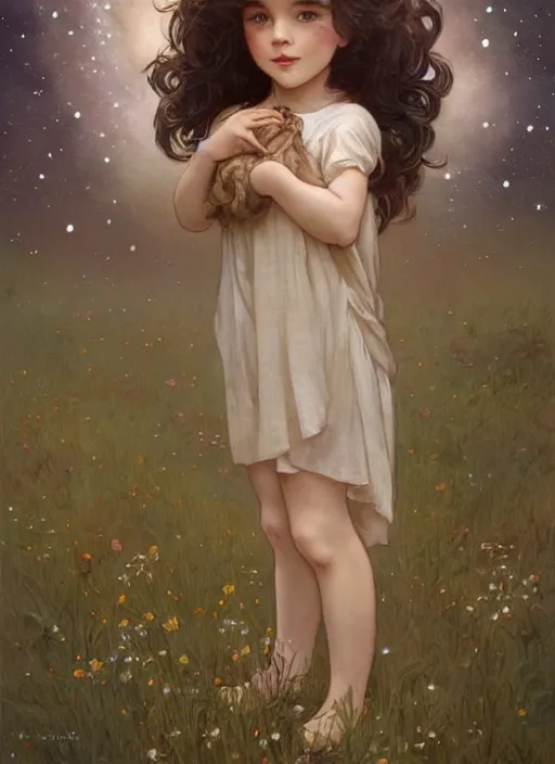 Image similar to A cute little girl with short curly brown hair. She is standing in a field at night looking up and the sky is filled with constellations. beautiful fantasy art by By Artgerm and Greg Rutkowski and Alphonse Mucha, trending on artstation.