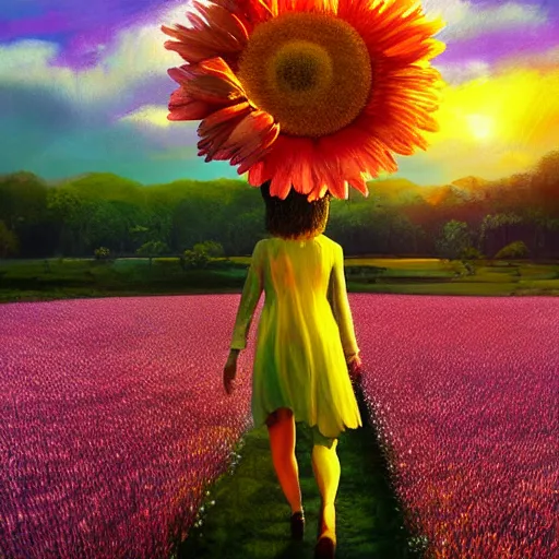 Prompt: giant daisy flower as a head, girl walking in flower field, surreal photography, sunrise, dramatic light, impressionist painting, colorful clouds, digital painting, artstation, simon stalenhag