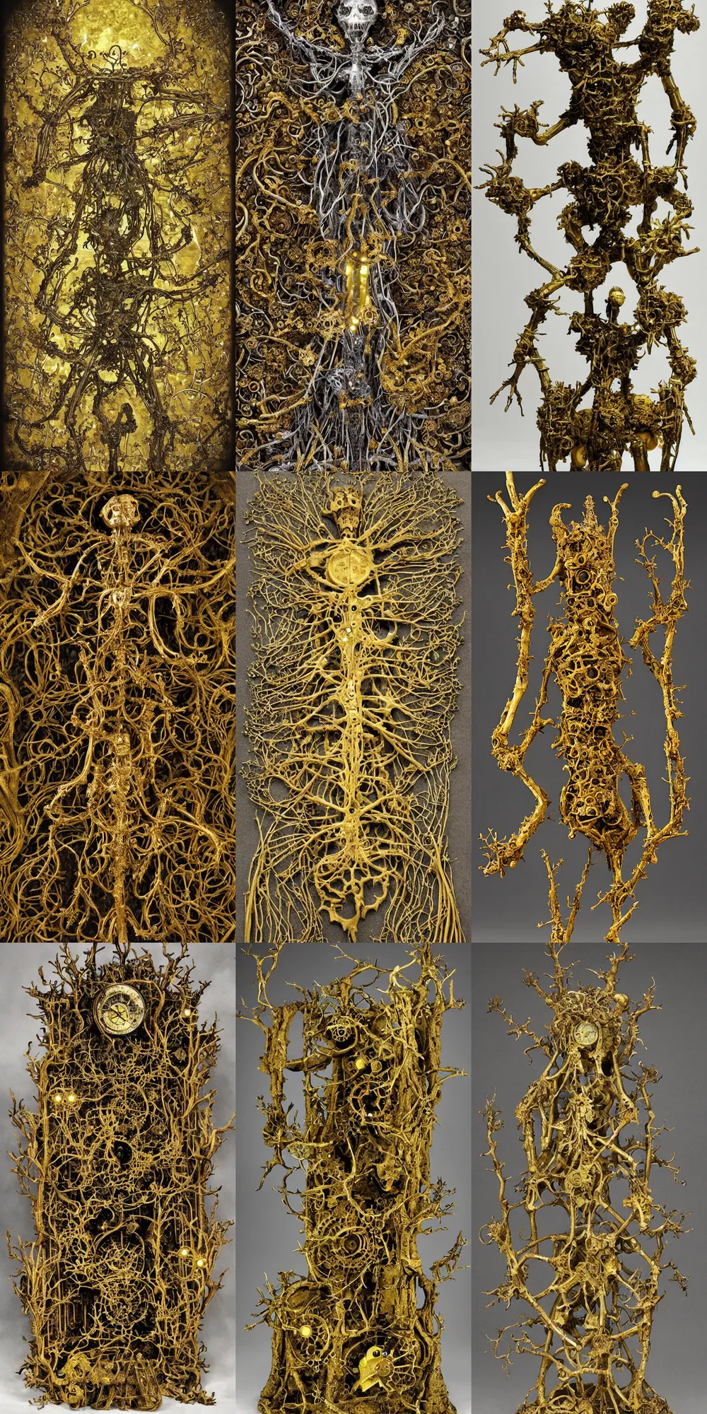 Prompt: an organic and clockwork Reliquary, bones gilded and demonically powered by caustic fungal slime mold crawling branching souls