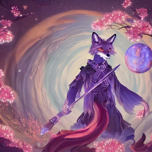 Prompt: a stop motion avatar portrait of an awesome cosmic powerful kitsune fox mage being themed around death and the stars and the cosmos, covered in flowers, holding an enchanted dagger, in the style of dnd beyond avatar portraits, beautiful, artistic, elegant, lens flare, magical, lens flare, nature, realism, stylized, art by jeff easley