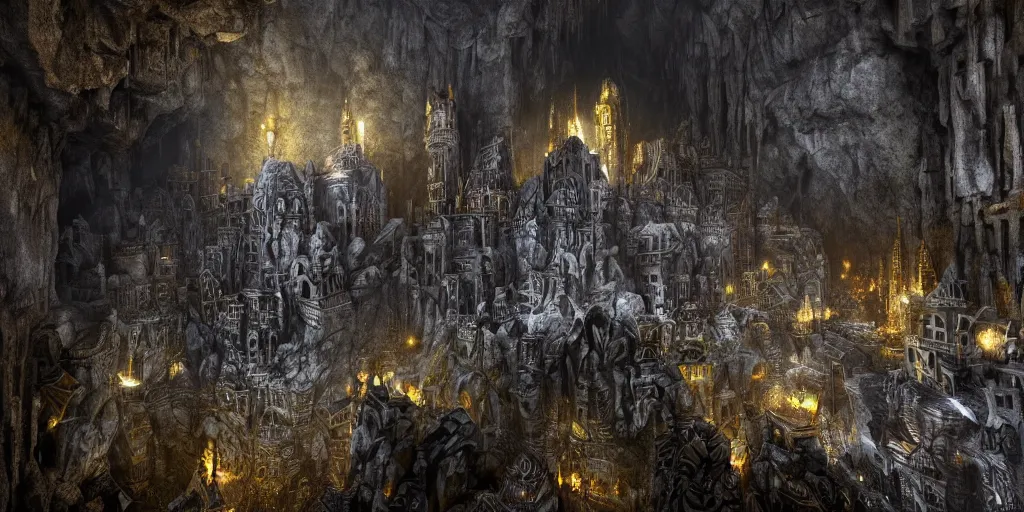 Image similar to A shining dwarven city made out of intricately carved stone in a dark cavern, rainy, dark and gloomy atmosphere, fantasy digital art, octane render, beautiful composition, trending on artstation, award-winning photograph, masterpiece