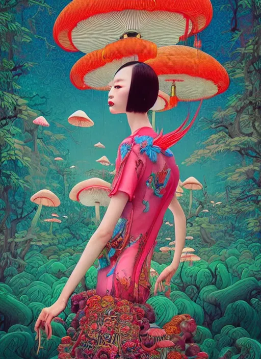 Image similar to pretty chinese model with hallucination mushroom : : by martine johanna and simon stalenhag and chie yoshii and casey weldon and wlop : : ornate, dynamic, particulate, rich colors, intricate, elegant, highly detailed, centered, vogue, fashion magazine, smooth, sharp focus, octane render, 8 k