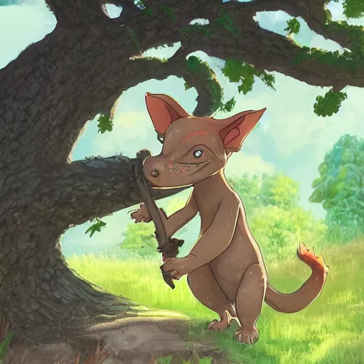 Image similar to A cute kobold is enjoying the sweet summer air under the shade of a great oak tree in summer. Ghibli style character focused artwork.