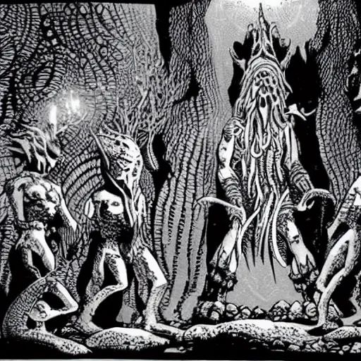 Prompt: Fishmen worship a statue of Cthulu in a dark cave. D&D. Pen and ink. 1980s Black and white. Mike Mignola, Larry Elmore.