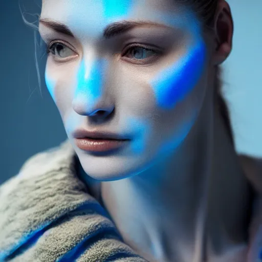 Prompt: Close-up side profile portrait of an attractive woman with an aquiline nose and a strong jawline, and blue bioluminescent translucent blue skin. Weta Digital. Animal Logic. Industrial Light & Magic.