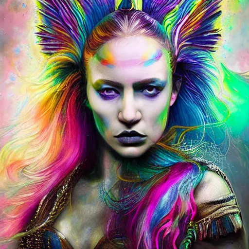 Prompt: A princess with rainbow wings and rainbow hair, single face portrait. complex hyper-maximalist overdetailed beautiful but terrifying, cinematic cosmic scifi portrait of an elegant very attractive but wild and dangerous witch antropomorphic female warrior god by andrei riabovitchev, tomasz alen kopera, oleksandra shchaslyva alex grey and bekinski. Fantastic realism. Extremely ornated with laced bone, branches with big thornes and green poisonous steam. Volumetric soft green and red lights. Omnious intricate. Secessionist style ornated portrait illustration. Poison goddes. Slightly influenced by giger. Zerg human hybrid goddes. Unreal engine 5. Focus on face. Artstation. Deviantart. 8k 4k 64megapixel. Cosmic horror style. Rendered by binx.ly. coherent, hyperrealistic, lifelike textures and only one face on the image.