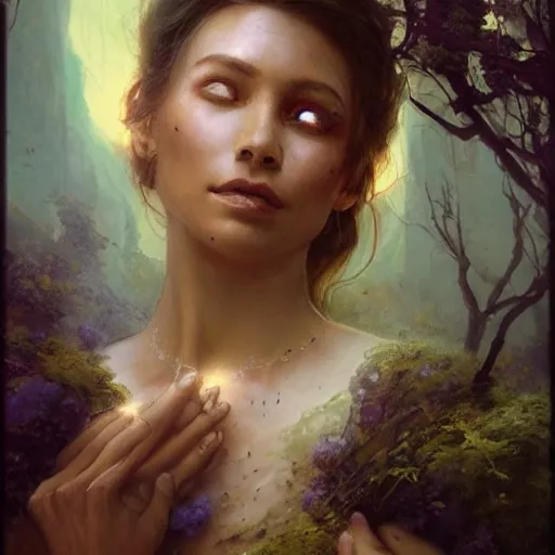 Image similar to A woman holding!!!!! Earth in her palms, enchanting it with a spell, illustrated by Greg Rutkowski and Gaston Bussiere, vividly radiantly beautiful lighting, closeup!!!!!, portrait imagery!!!!!, dazzling dappled lighting, subsurface scattering, light refractions, trending on artstation, 4k, 8k!!!!!