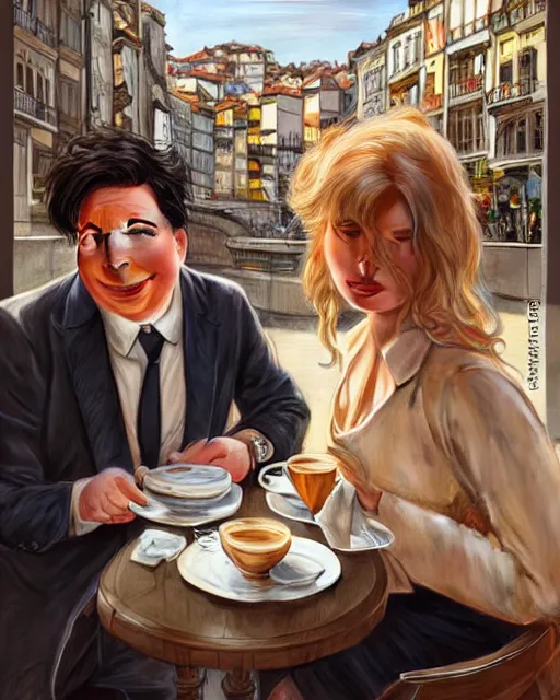 Image similar to Portrait of Michael Mcintyre & a blonde lady having coffee & croissants at waterfront in Porto,real life skin, intricate, elegant, highly detailed, artstation, concept art, smooth, sharp focus, art by artgerm and greg rutkowski and alphonse mucha