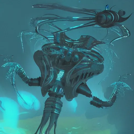 Image similar to concept art sketch of a cyberpunk insectoid underwater alien and its minions