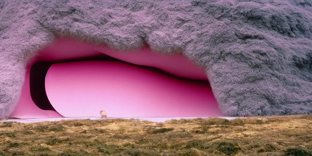 Image similar to a strange huge translucent pvc inflated organic architecture building with pink fluffy fur inside by anish kapoor sits in the rock mountains, film still from the movie directed by denis villeneuve with art direction by zdzisław beksinski, close up, telephoto lens, shallow depth of field