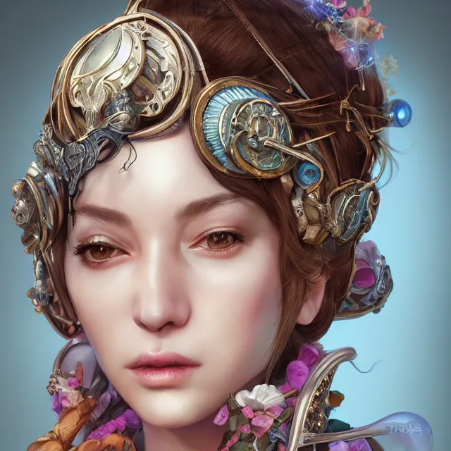 Image similar to studio portrait of neutral good colorful female cleric bard healer as absurdly beautiful, elegant, young sensual pretty woman, ultrafine hyperrealistic detailed face illustration by kim jung gi, irakli nadar, intricate linework, sharp focus, bright colors, matte, octopath traveler, final fantasy, unreal engine highly rendered, global illumination, radiant light, intricate environment