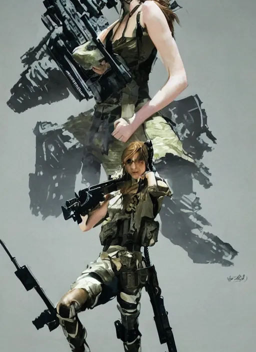 Image similar to fashion model emma watson wearing metal gear armor holding rifle dramatic lighting art by Yoji Shinkawa by Richard Schmid by Sandra Chevrier cinematic dramatic