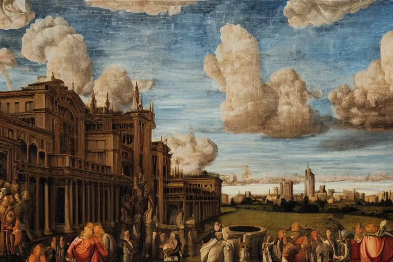 Image similar to an oil painting of a renaissance palace, clouds in the sky