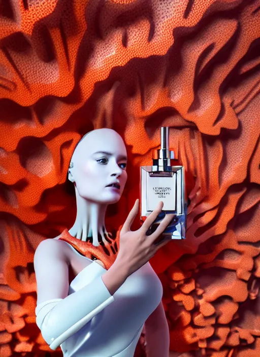 Image similar to biomechanical corals, daisies, well contoured smooth fair walls with marble woman carrying a bottle of perfume, up close shot, sharp focus, global illumination, radiant light, alexandre ferra white mecha, irakli nadar, octane highly render, 4 k, ultra hd,