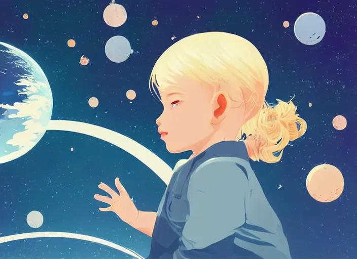 Prompt: a newborn baby with blonde hair floating in space. clean cel shaded vector art. shutterstock. behance hd by lois van baarle, artgerm, helen huang, by makoto shinkai and ilya kuvshinov, rossdraws, illustration, art by ilya kuvshinov