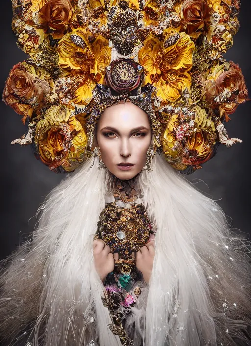 Prompt: expressive full body photo of a female model, ornate headpiece made from flowers, ornaments, glamour shot, by karol bak, by stefan gesell, photorealistic, canon r 3, fashion photography, hyper maximalist, elegant, ornate, luxury, elite, environmental portrait, symmetrical features, octane render, unreal engine, solid dark grey background, dramatic lights