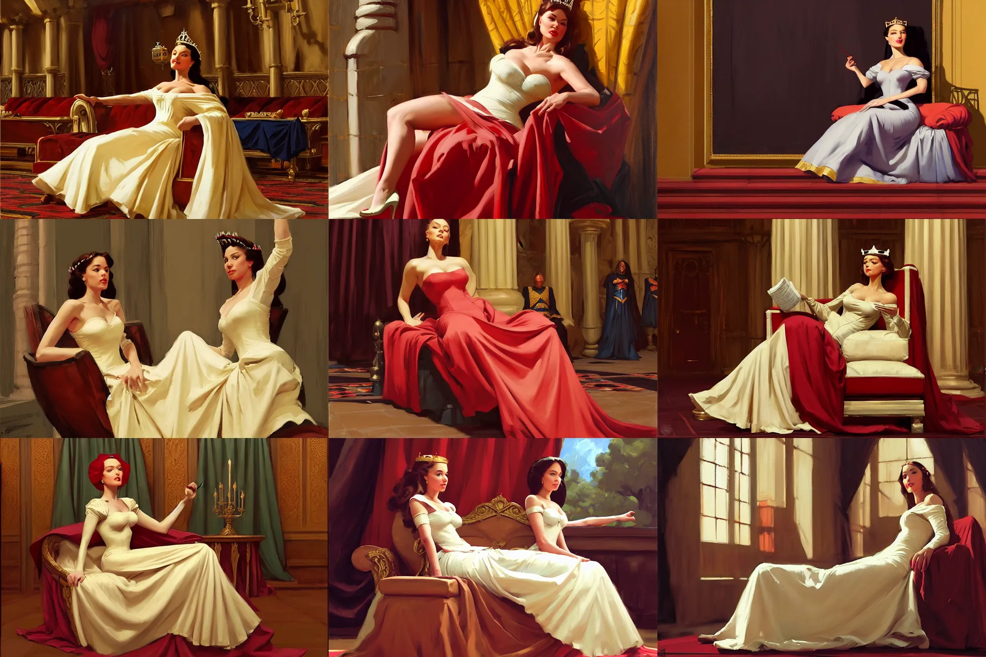 Prompt: greg manchess portrait 1 4 0 0 s queen relaxing at court, throne room background matte painting, trending on artstation, gil elvgren, greg rutkowski, magali villeneuve, artgerm, jeremy lipkin, michael garmash