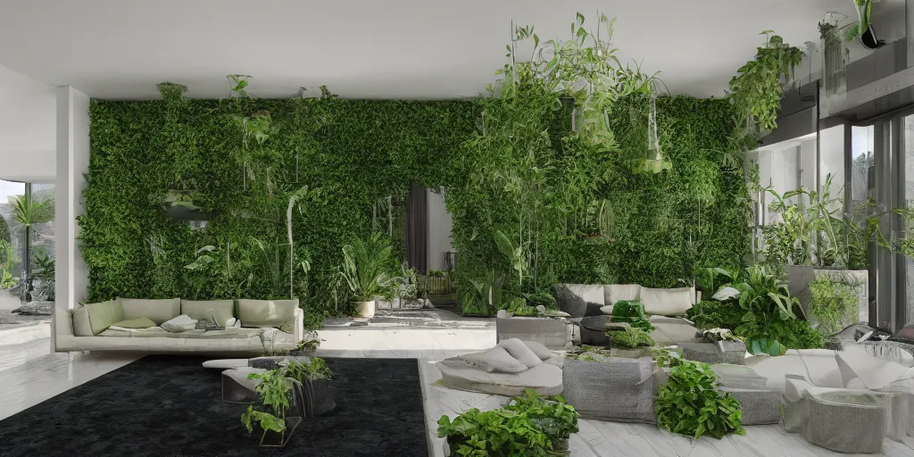 Image similar to new york penthouse designed by Geoffrey Bawa, greenery, plants, pond, concept, octane rendering