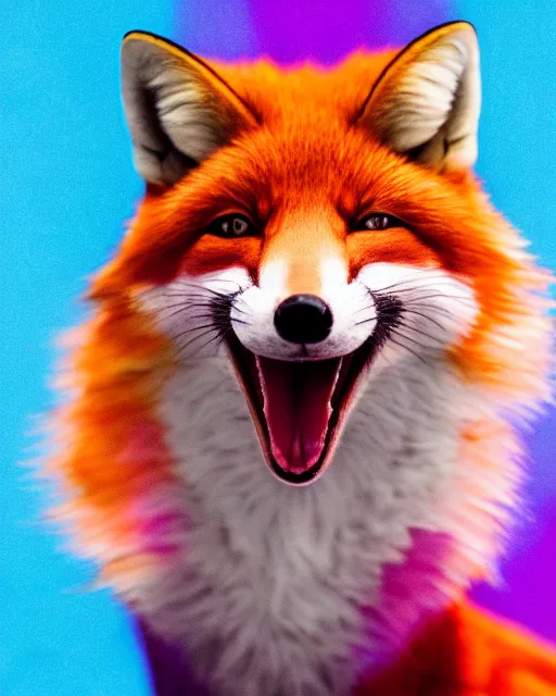 Image similar to rainbow fox yawning, portrait, blue background, 8 k, 8 5 mm f 1. 8