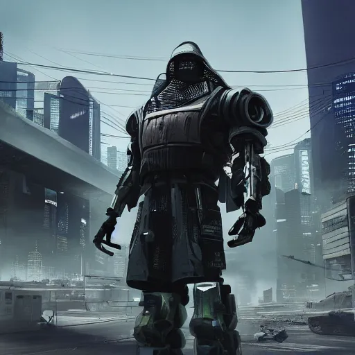 Image similar to a cyberpunk tank in the middle of a cyberpunk street cyberpunk man standing next to the tank and holding a weapon photo - realistic