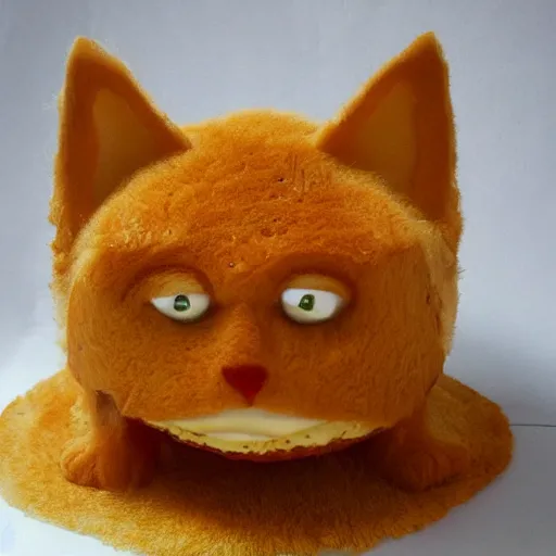 Prompt: Cat made out of cheese. The fur texture is swiss cheese. Droopy molten Camembert. Meow.