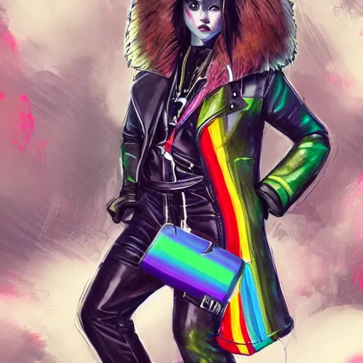 Image similar to wide angle full body, jacket wearing fluffy cute rainbow kitten wearing a black leather motorcycle jacket, cinematic concept art