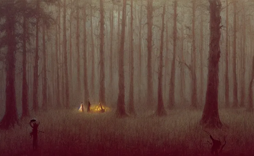 Prompt: demons surround a campsite in the forest by Beksinski, 4k, masterpiece